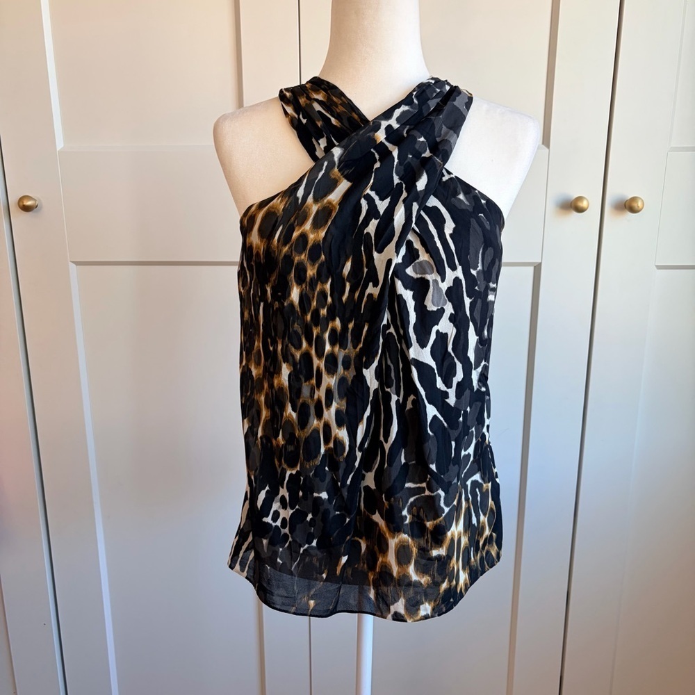 Trina Turk Black and Brown Silk Animal Print Blouse | XS